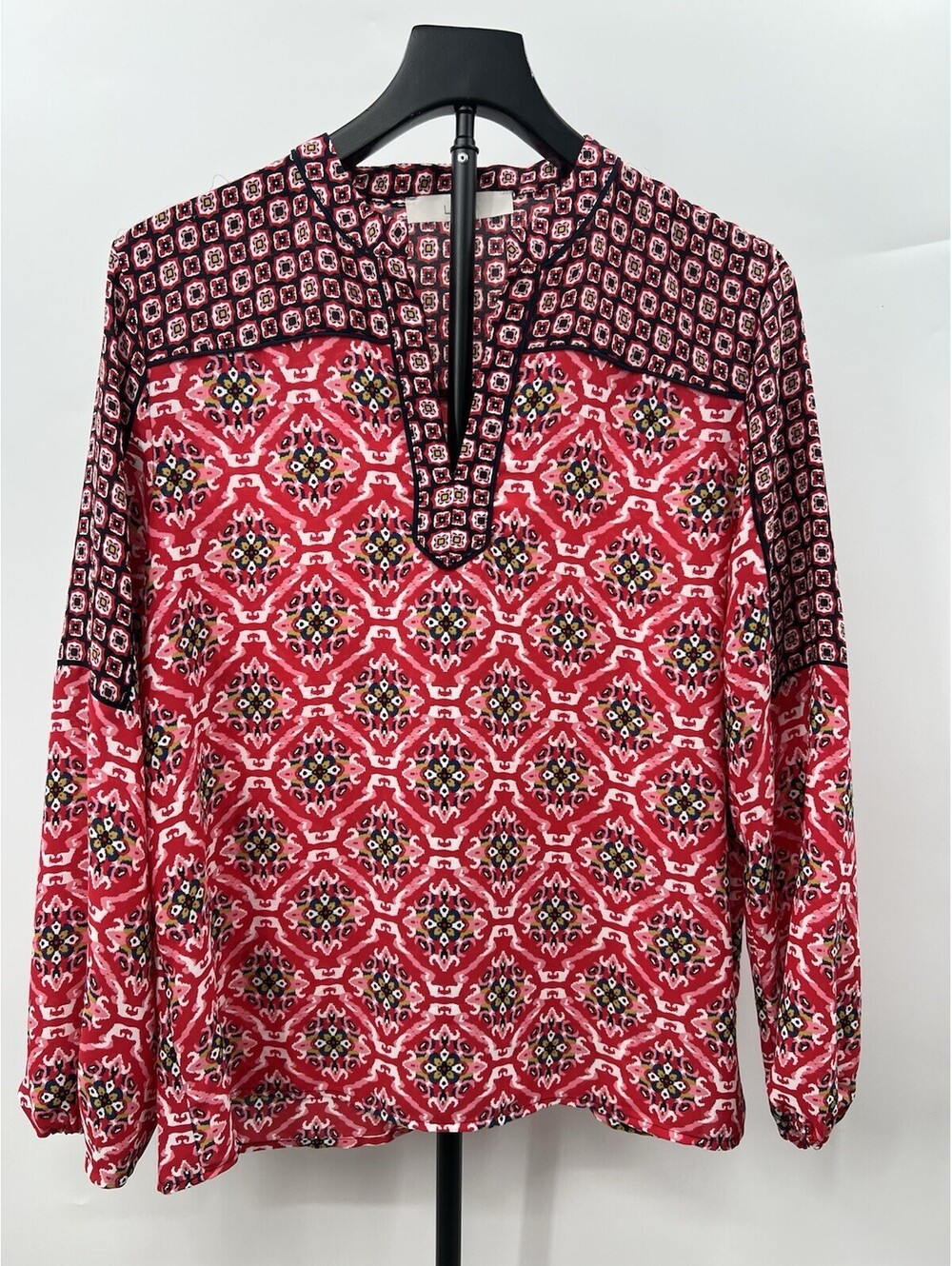LOFT Blouse Womens Mixed Print Peasant Top Split Neck Red Navy Boho Tunic M